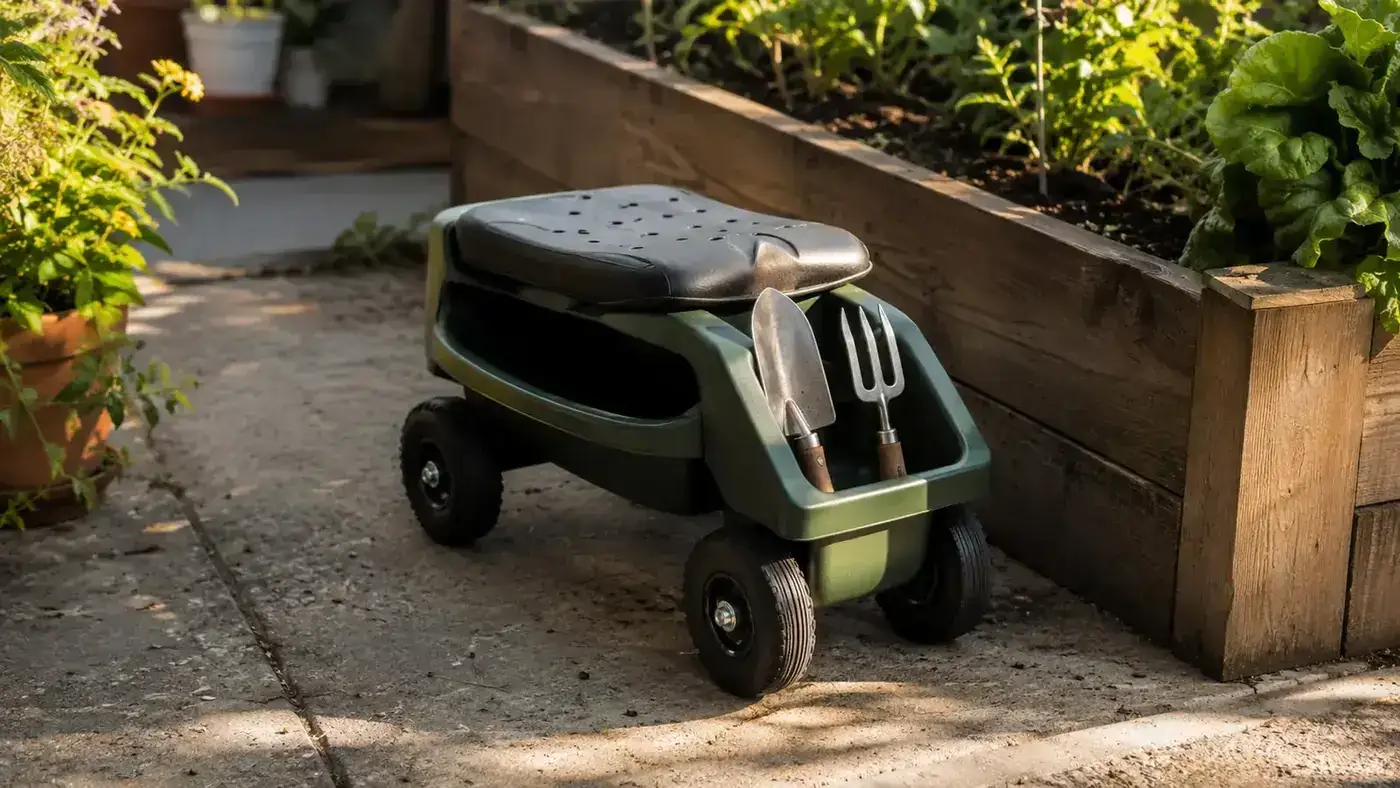 Green rolling garden seat sitting beside a raised bed on a concrete patio, trowel and hand fork visible in the storage tray