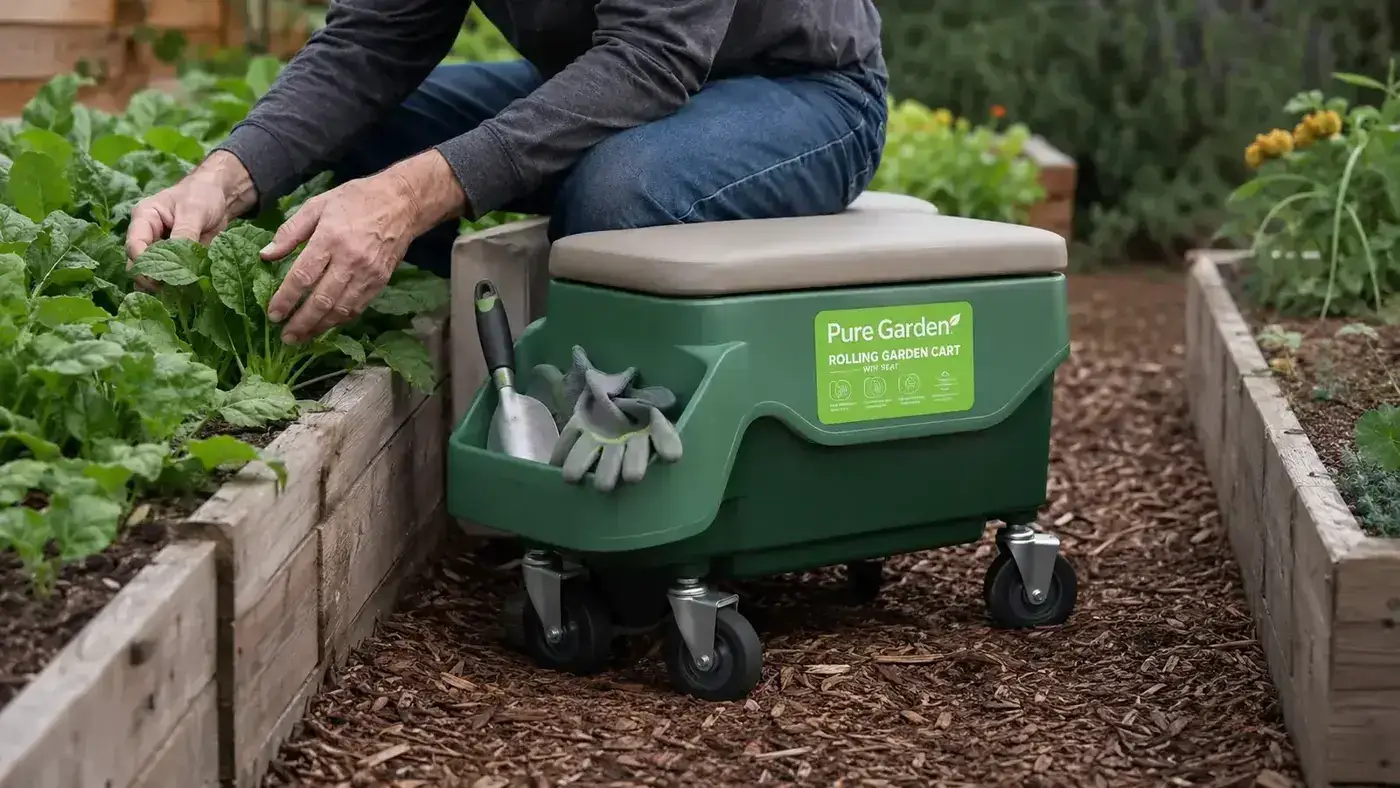 Pure Garden rolling cart with seat and green plastic tray on garden path between raised beds