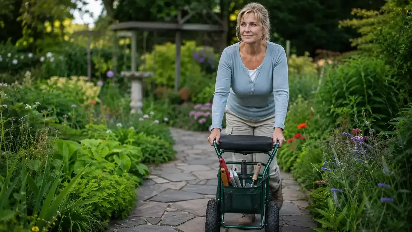 Woman in her 50s rolling a garden cart seat down a flat garden path carrying hand tools in the tray
