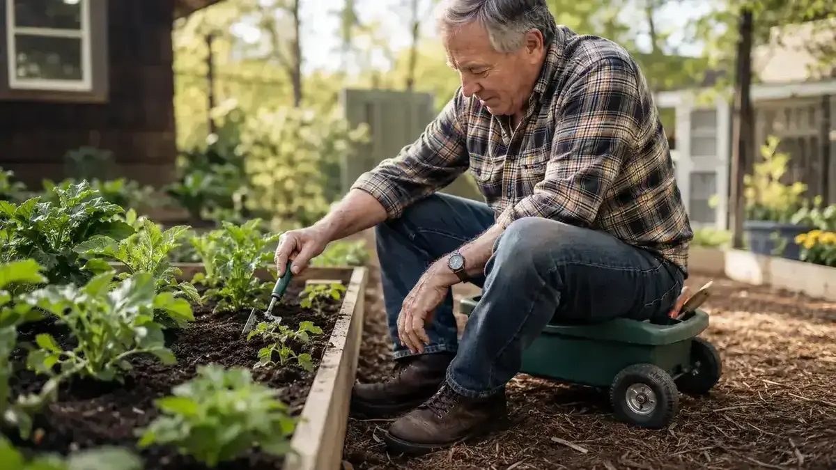 Older man sitting on a green rolling garden cart, planting in a raised bed on a sunny morning