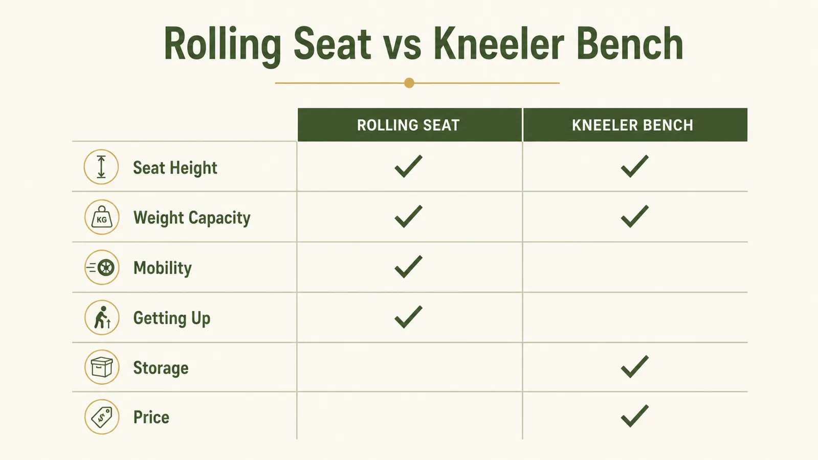 Chart comparing rolling garden seat and flip-over kneeler bench across six key criteria