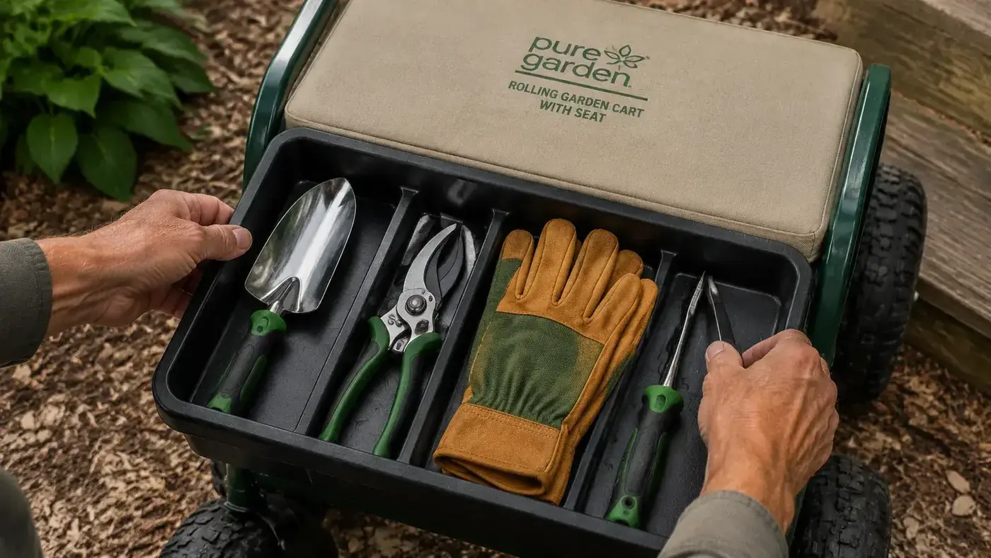 Close-up of the rolling garden seat tool tray filled with a trowel, gloves, and small hand tools