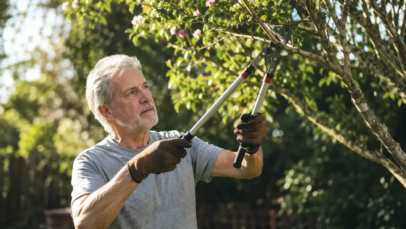 Older man in gardening gloves using long-handled loppers to cut a thick branch on a crape myrtle in a sunny backyard