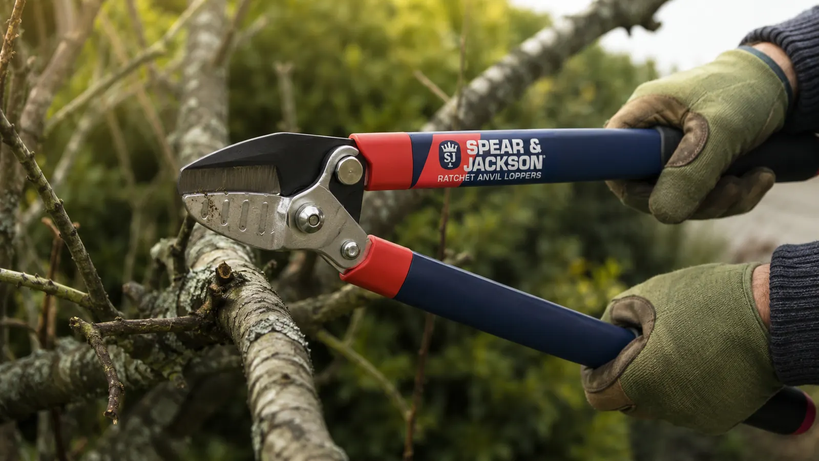 Close-up of hands gripping Spear & Jackson ratchet loppers while cutting a thick branch