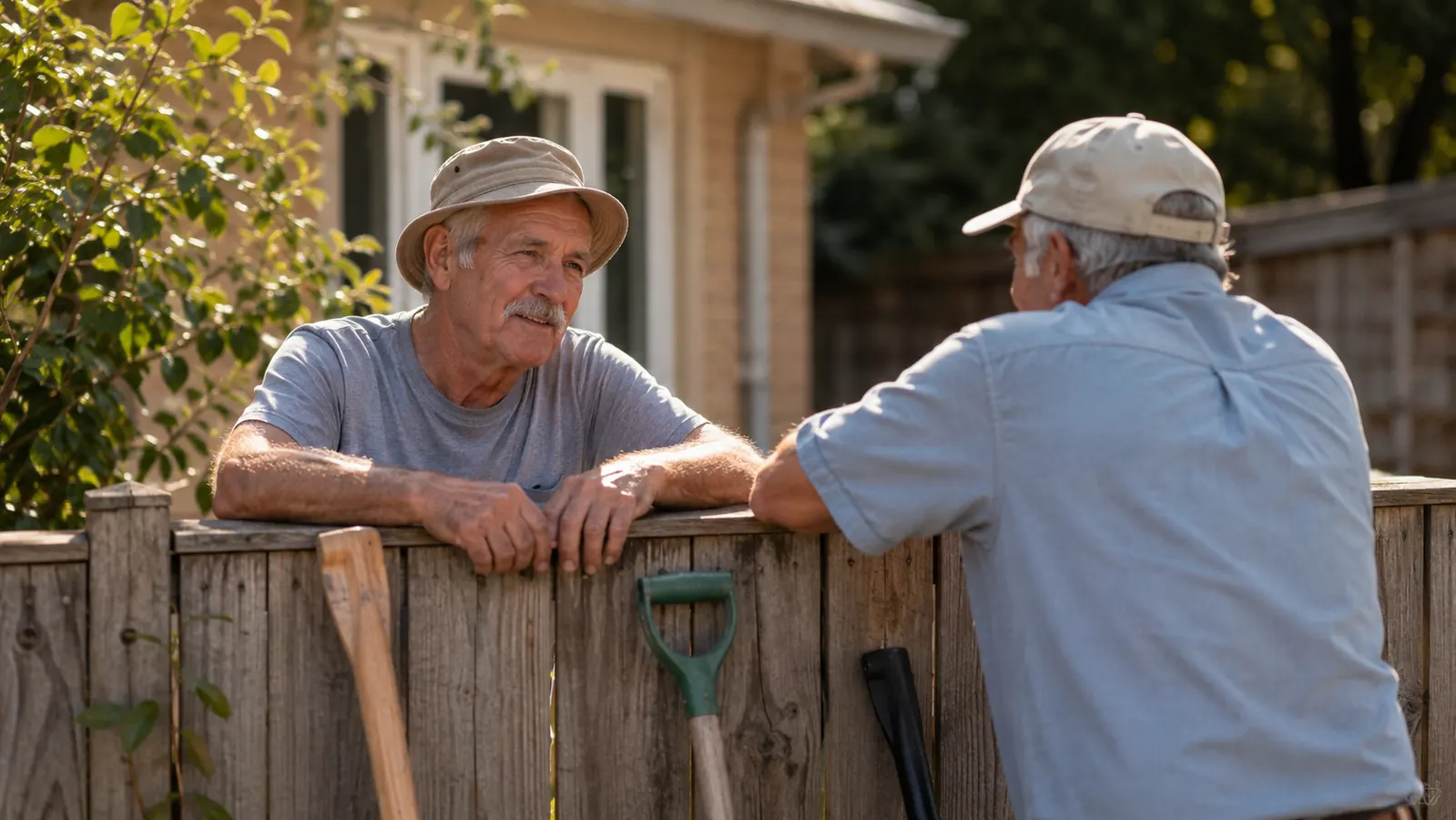 Man and neighbor talking over a backyard fence, garden tools leaning against the fence post