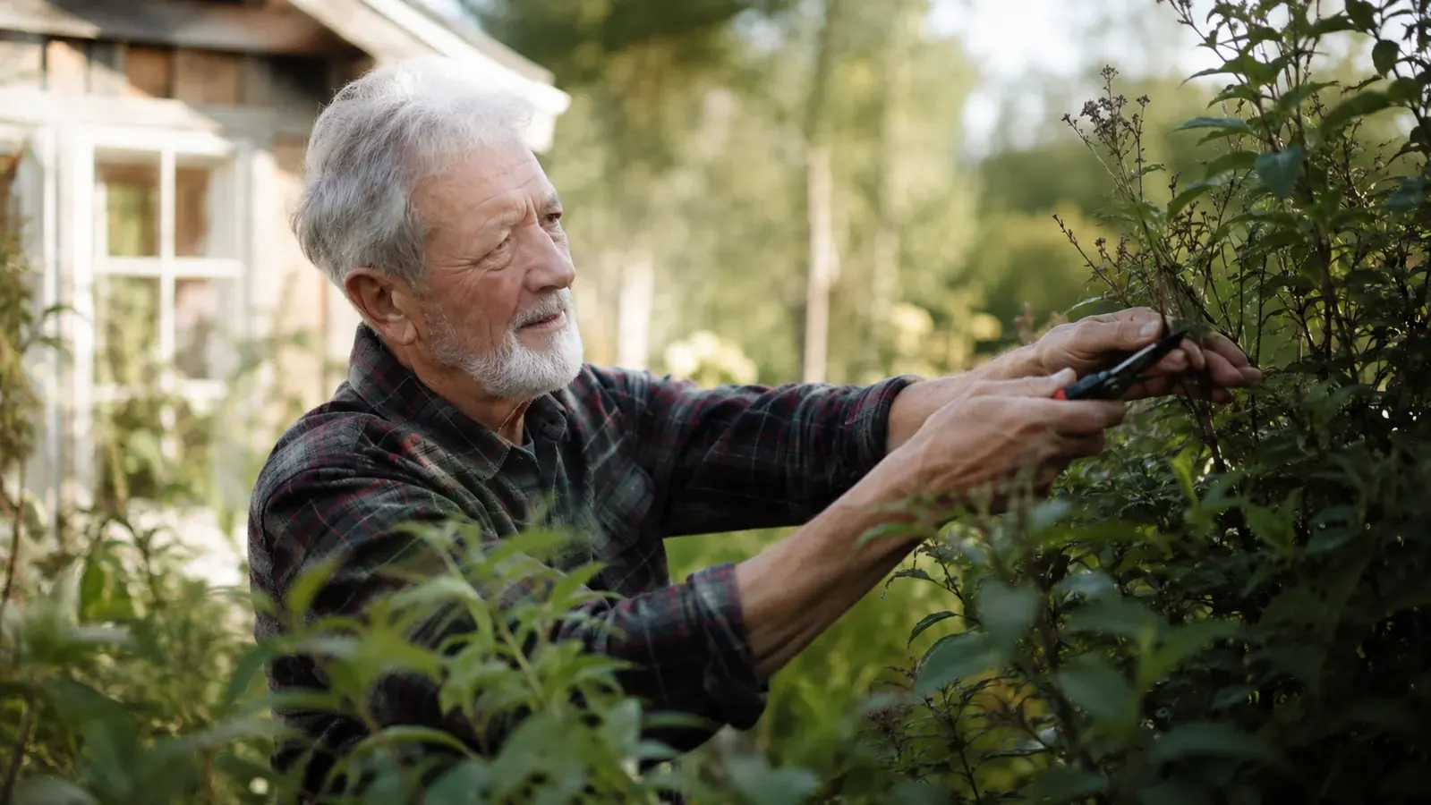 Older man pruning an overgrown shrub in a backyard garden on a bright morning