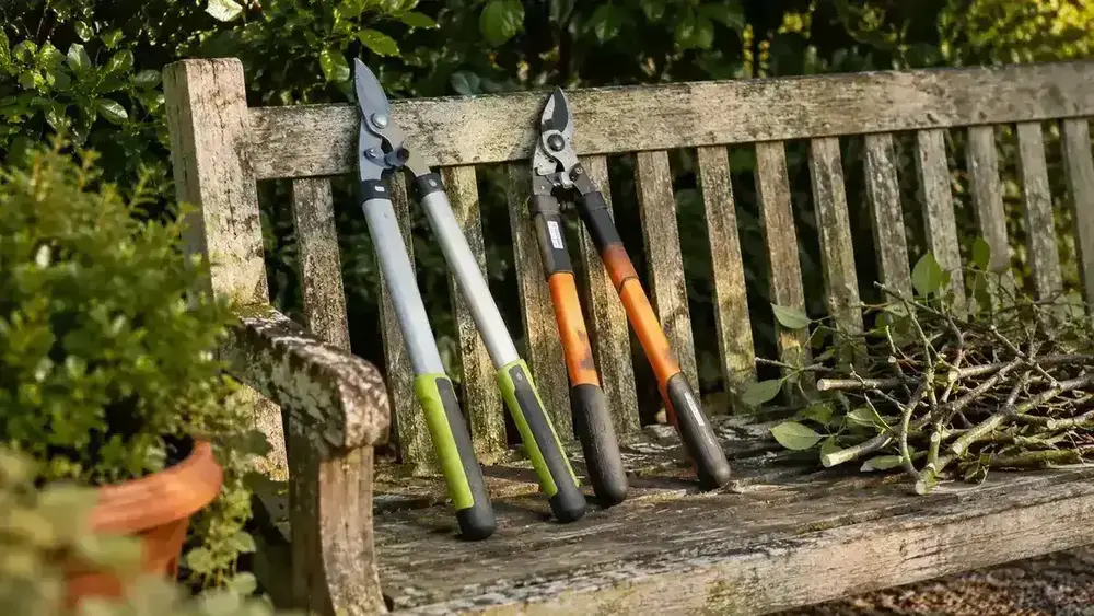 Two pairs of loppers resting on a wooden garden bench surrounded by cut branches and green hedges